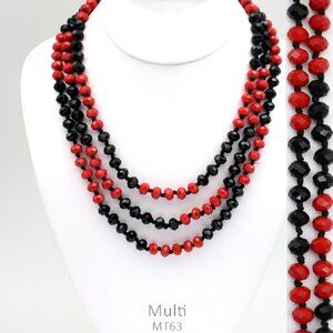 Red & Black Crystal Faceted Bead Gem Fashion Necklace 60" Beaded